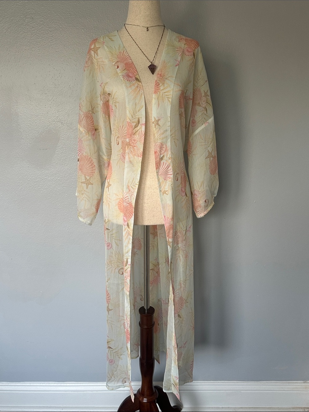 Forever 21 Sheer Mint and Coral Shell-Print Long Coastal Kimono